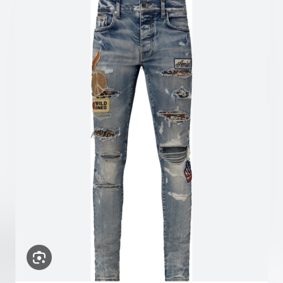 MEN'S AMIRI CLAY INDIGO BIKER PATCH SKINNY JEANS